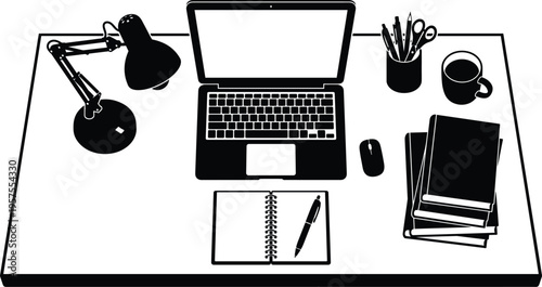 Top View Workspace Desk Silhouette with Laptop Notebook Lamp Coffee Cup Books and Office Supplies Productivity Study Setup Illustration