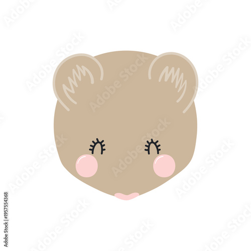 Cute little vole, field mouse face illustration isolated. Kawaii cartoon character. Wild animal, baby animal, wildlife, nature, fauna. Kids print, design element, clip art. Hand drawn flat vector