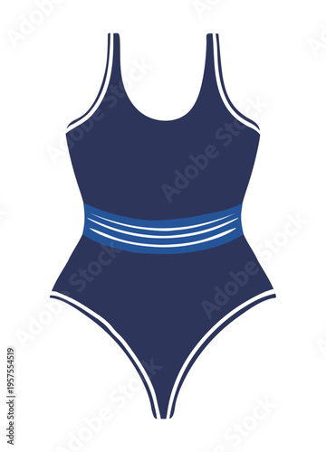 One piece swimsuit, classic navy blue swimming suit illustration isolated. Woman beachwear, fashion. Summer holidays, resort, pool, water sport. Flat design, clip art element, hand drawn vector