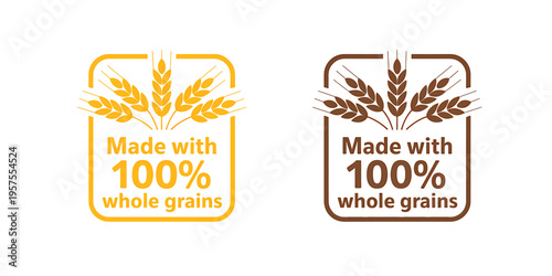 Whole grain food labels with wheat icons and text  healthy eating concept