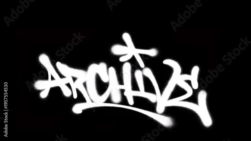 Graffiti tag animation 4K writing ARCHIVE in white on black background. Bold urban street art style with dynamic handstyle and spray paint motion effect.
