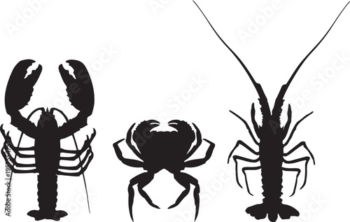 Silhouettes of lobster, crab and crawfish