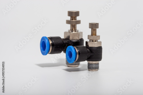 Принти на полотні Close-up of a brass threaded pipe fitting with a black rubber sealing gasket, is