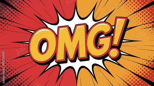 Colorful comic book style speech bubble with OMG exclamation mark and pop art design elements