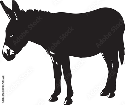 A black silhouette of a donkey standing still