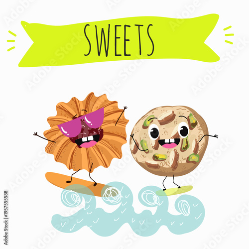 Funny Characters Kurabiye, Kurabie, Ghorayeba, Qurabiya, dessert, hand drawn vector illustration.