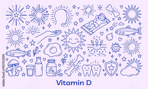 Vitamin d doodle collection with clean outline style. Sun, fish, mushroom, milk, pills, bones, teeth, shield. Healthy lifestyle elements for nutrition guides, medical design and wellness education.