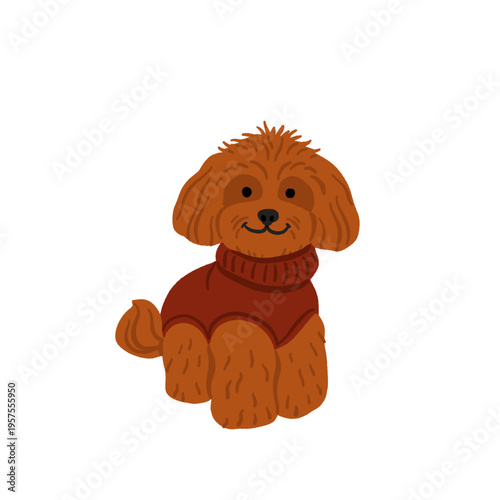 Cute small dog breeds clipart set with funny poses, adorable puppies in sweaters and clothes, playful vector illustrations with woof and good boi text, toy dog sticker collection