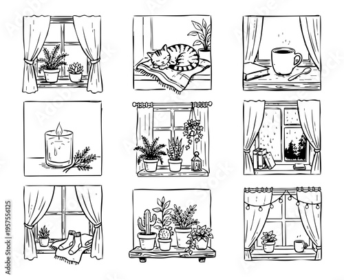 Hand drawn set of cute window scenes, illustrating cozy home essentials, warm comfort, and hygge lifestyle