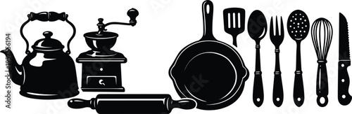 Vintage Kitchen Utensils Silhouette Set Featuring Kettle Coffee Grinder Rolling Pin Pan Spoon Fork Whisk and Cooking Tools Collection