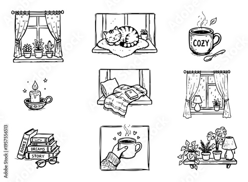 Hand-drawn set illustrating cozy hygge moments, featuring windows, cat, coffee, books, candle, plants, and reading nook