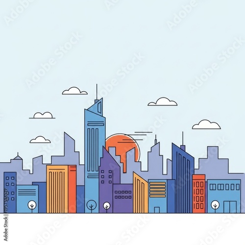 Vibrant urban skyline with modern buildings and stylized clouds at sunset.