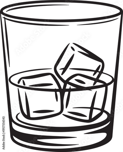 A minimalist line art illustration of a classic beverage glass containing three distinct ice cubes, evoking the concept of refreshing drinks and cool relaxation