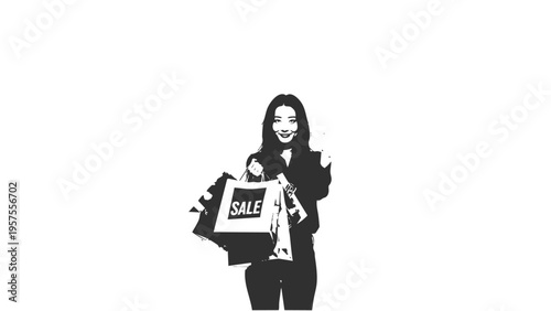 Shopping woman silhouette with sale bags vector, retail and discount concept, AI