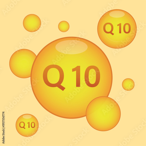Coenzyme Q10 Vector Illustration: Yellow CoQ10 Supplement Bubbles on Light Background for Health, Energy, Skin Care. Antioxidant Nutrition for Pharmacy, Heart Health. Vitamin Diet Capsule Poster.