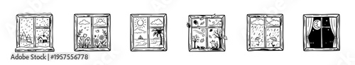 Doodle windows showing changing seasons, weather, and time