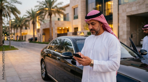 Arab man texting on smartphone standing next to luxury car. Businessman in traditional clothing checking message outdoors. Professional lifestyle and modern communication technology concept.