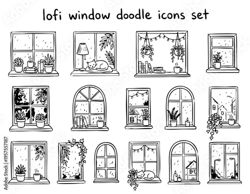 Cozy lofi window doodle icons set