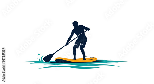 Silhouette of a man paddleboarding on a calm water surface, active lifestyle concept.
