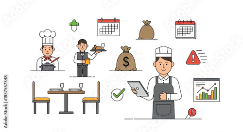 Restaurant Management: Staff, Service, Finance, Calendar, Analytics Icons