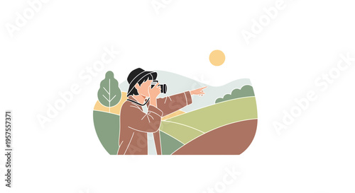 Young person with camera exploring scenic landscape, pointing towards horizon.