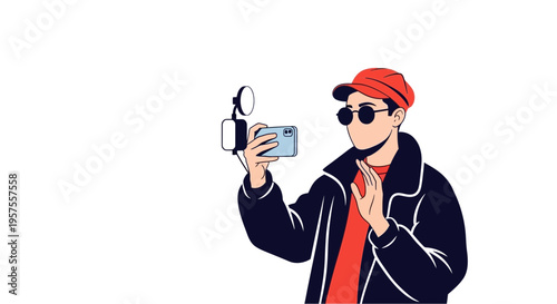 Young man vlogging with camera and ring light, wearing cap and sunglasses
