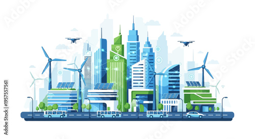 Smart City Skyline with Renewable Energy and Drones - Sustainable Urban Future