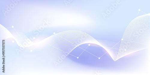 Abstract soft blue and purple technology background with dynamic wave lines and connecting dots for Network, Science, and Digital communication design