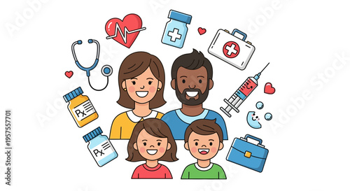 Diverse Family Health Care Icons, Medical Symbols, Insurance Concept