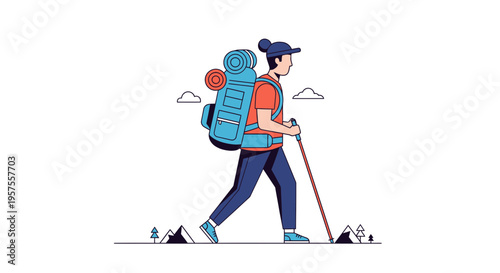 Hiker with Backpack and Trekking Poles Walking on Mountain Trail
