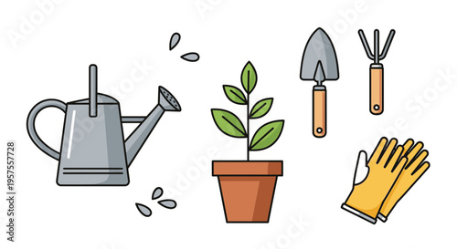 Gardening Tools and Plant Icon Set: Watering Can, Potted Plant, Trowel, Rake, Gloves
