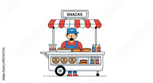 Street food vendor selling snacks and drinks from a cart with a red and white striped awning.