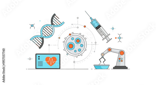 Biotechnology Innovation: DNA, Cells, Syringe, Robot Arm, Heart Monitor
