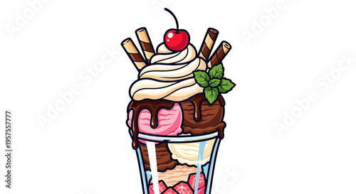 Delicious Ice Cream Sundae with Cherry and Wafer Rolls, Dessert Illustration