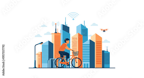 Man cycling in smart city with skyscrapers, drone, and wifi signal