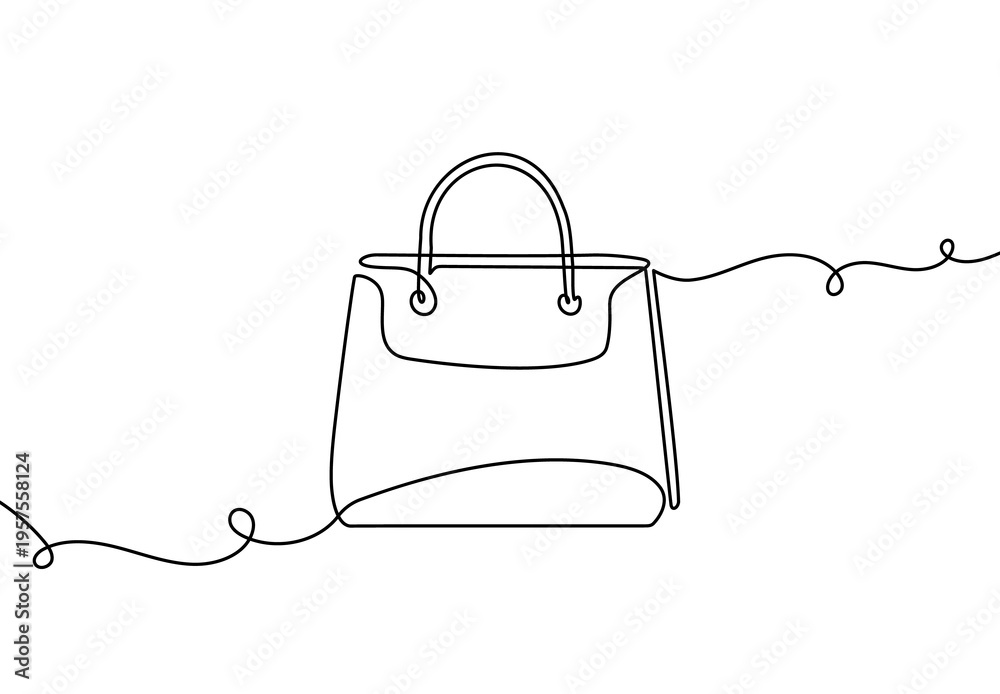 Fototapeta premium Continuous one line bag shop art gift icon illustration store outline. Retail one line bag shop hand handbag one fashion doodle linear sketch single paper sale present white food isolated drawing draw