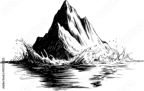 Dramatic black and white of a jagged mountain peak emerging from crashing ocean waves