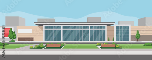 Modern Commercial Building Exterior Flat Illustration. Mall park landscape. Mall building exterior. Mall ads.