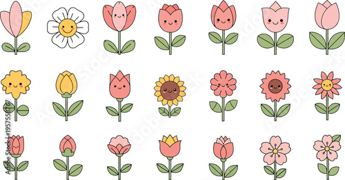 A vibrant collection of 20 unique cartoon flowers in various colors and styles on a clean white background illustration