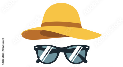 Yellow Wide Brimmed Sun Hat and Dark Sunglasses for Summer Vacation, Flat Design