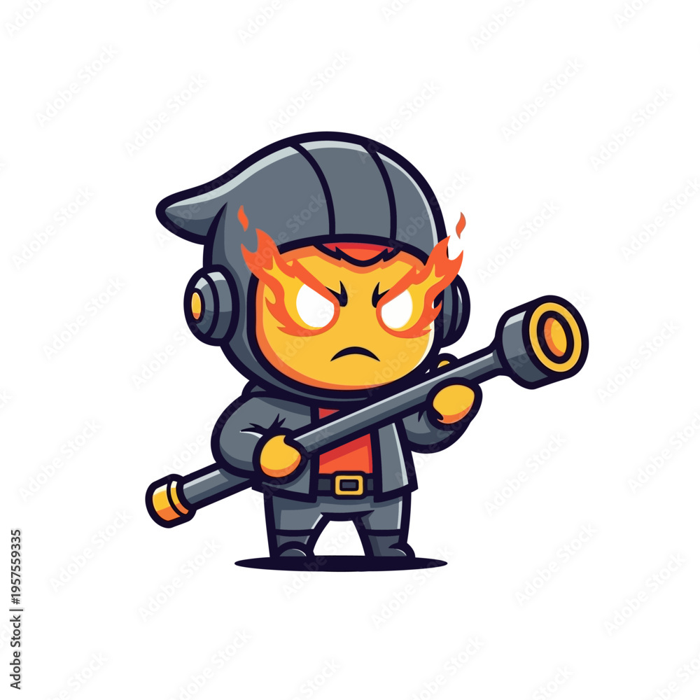 Obraz premium Furious Cartoon Character Holding Staff with Fiery Eyes and Glowing Flames