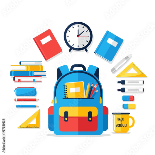 A colorful illustration of school supplies arranged around a blue backpack on a white background with a clock.