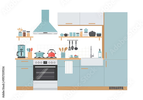 A modern kitchen interior with various appliances and utensils on display indoors