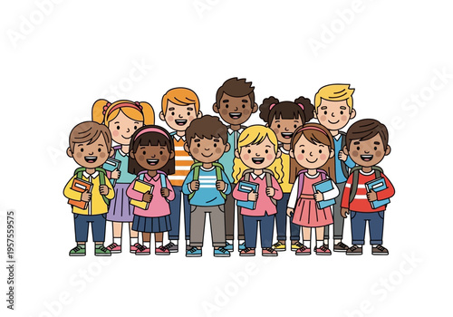 A group of happy children standing together outdoors in a school setting