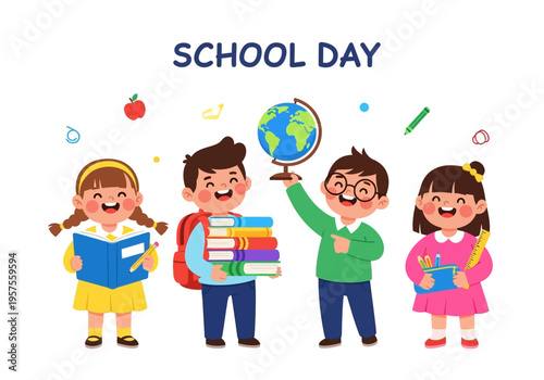 Children in a classroom setting hold books and educational items excitedly