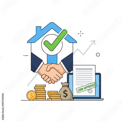 House Loan Approved: Handshake, Money Bag, Coins, Laptop, Graph, House Icon