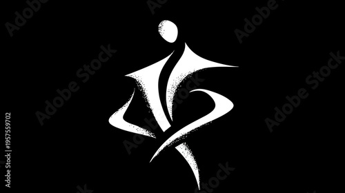 Dynamic abstract human figure in white on black background, conceptual symbol for wellness, balance, movement, or spiritual grace