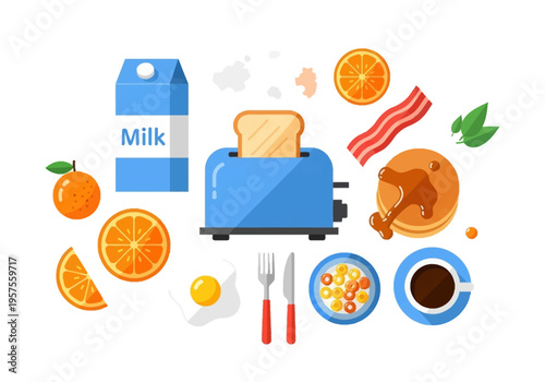 A vibrant illustration of a breakfast spread featuring toast, milk, and various food items on a table indoors.
