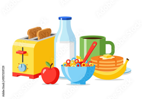 A still life breakfast scene with toaster, food, and drink on a table indoors.