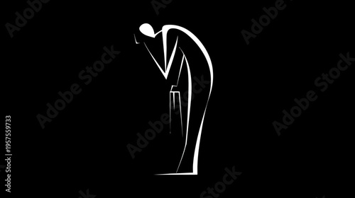 Minimalist line art illustration of a person bowing head with a briefcase, depicting sorrow, exhaustion, stress, and corporate burnout.